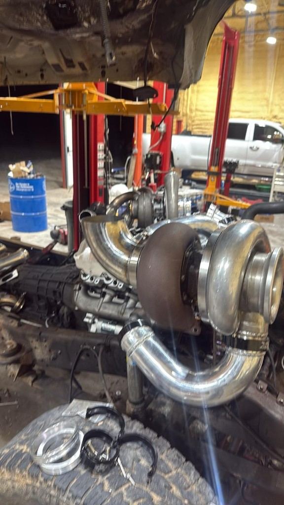 Compound turbo diesel engine in the Sanford shop